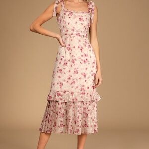 Lulus Terrace Views Taupe Floral Print Tiered Midi Dress - Size L
